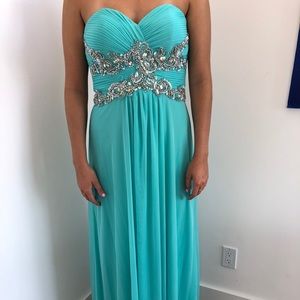 Strapless Aqua chiffon evening gown.